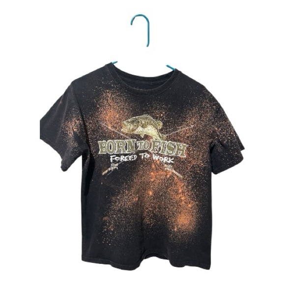 Only Tops - Born to Fish Shirt Bleach Dyed Tee Size M Black Graphic Fishing Grunge Upcycled